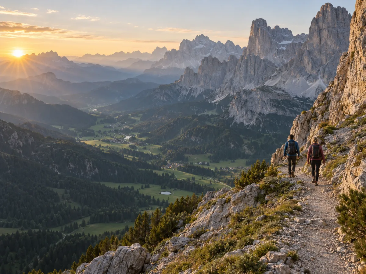 Hikers crossing a Dolomites ridge