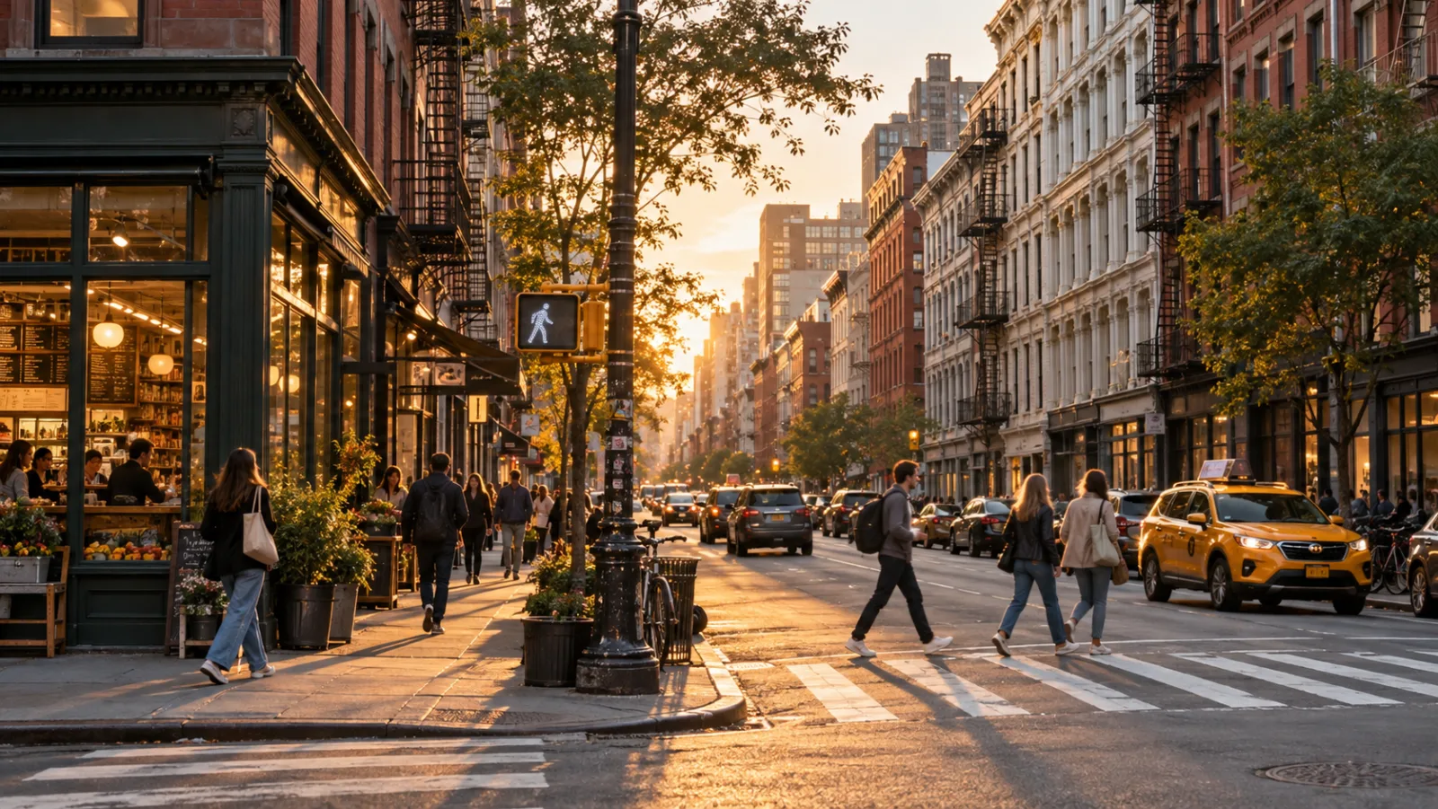 A lively Lower Manhattan neighborhood street at golden hour